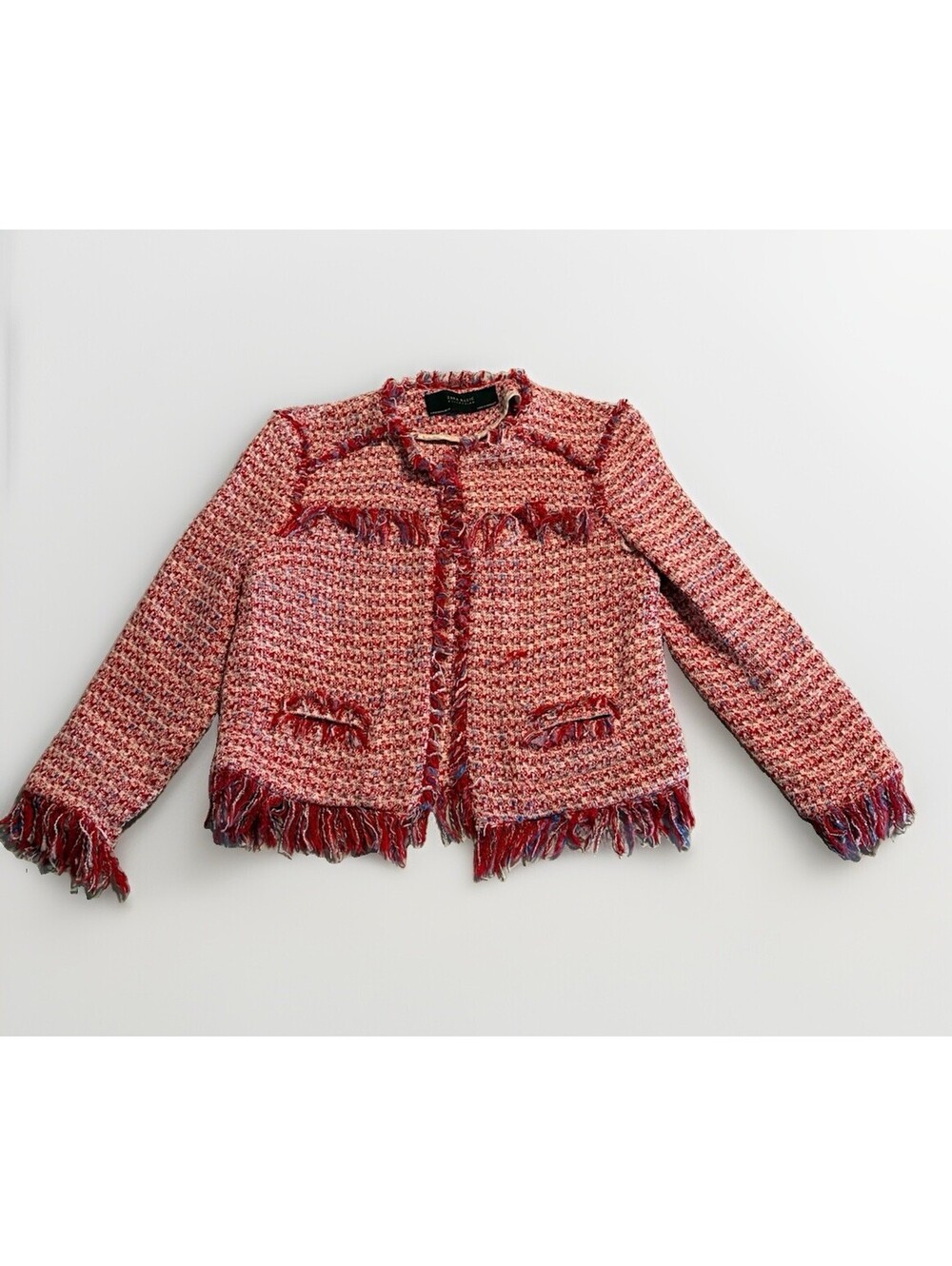 Zara Basic Collection Tweed Fringe Jacket Women’s M Red Multi Open Front